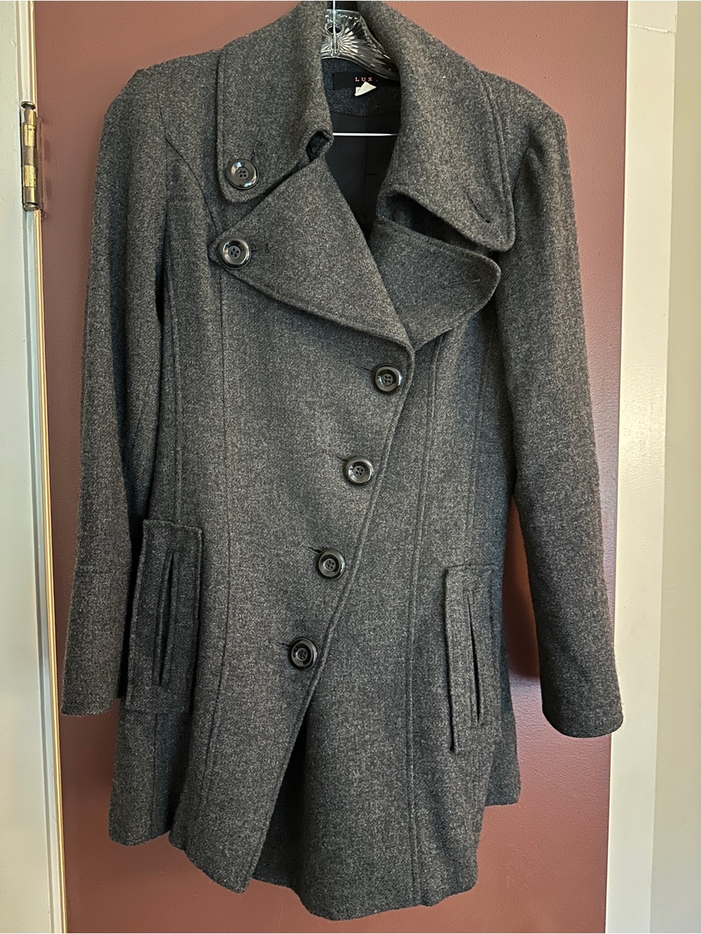 Lux Gray Double-Breasted Wool-Blend Pea Coat